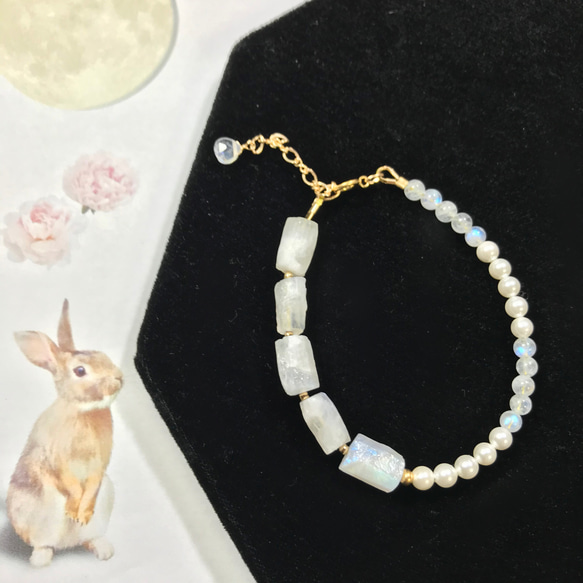 原石＊Rainbow moonstone×5／asymmetry pearl MIX ／14kgf bracelet 7枚目の画像