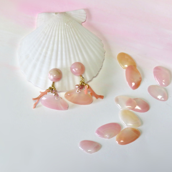 SOLD OUT！！桜色のうみ…✳︎ピンクオパール×さくら貝×枝珊瑚／316L （18kgp）earring 1枚目の画像