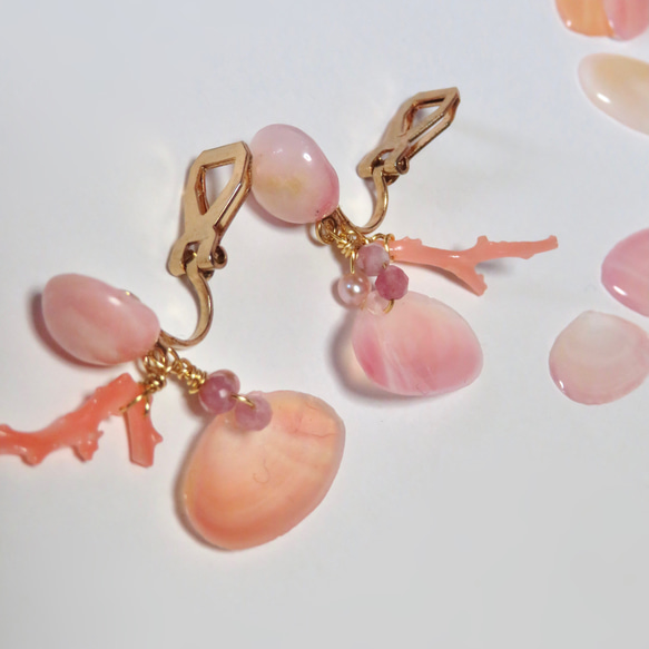 SOLD OUT！！桜色のうみ…✳︎ピンクオパール×さくら貝×枝珊瑚／316L （18kgp）earring 4枚目の画像