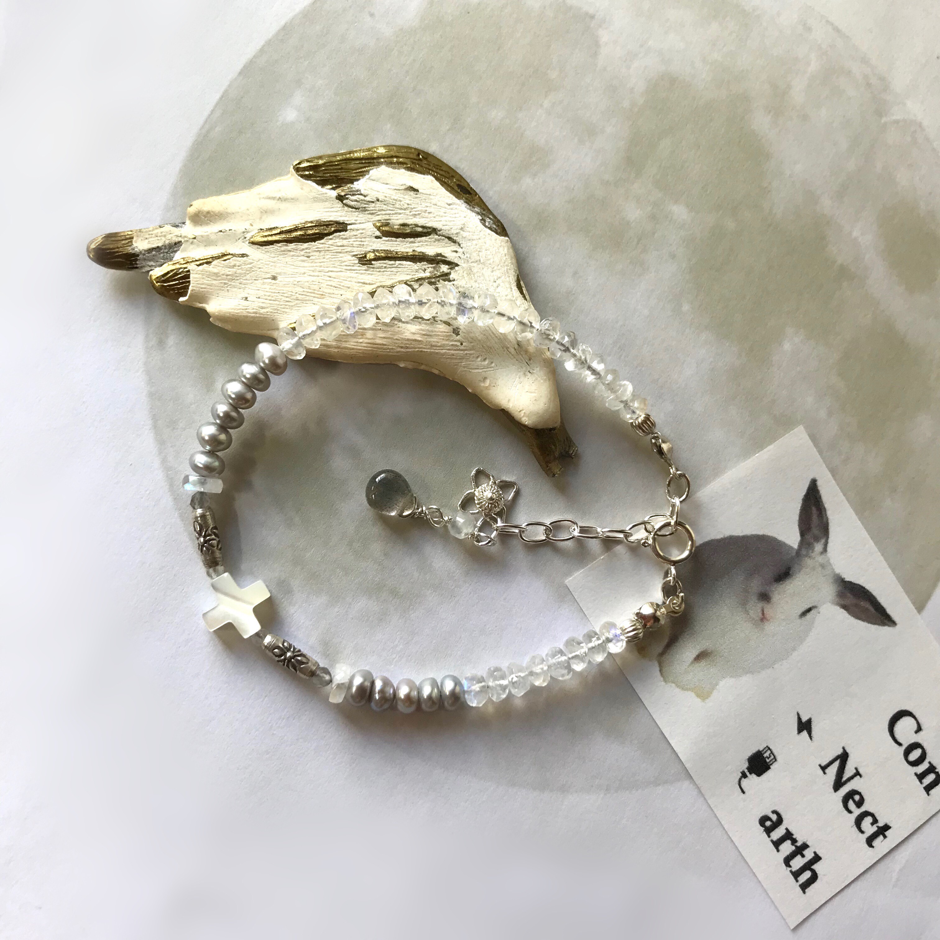 Blue moonstone◇Perl＆Labradorite＋cross MIX／silver925-bracelet