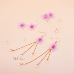 【新作 注文製作】桜 ゆらゆら ロングチェーン 雫 ピアス イヤリング UV レジン アレルギー対応 プラバン 3枚目の画像