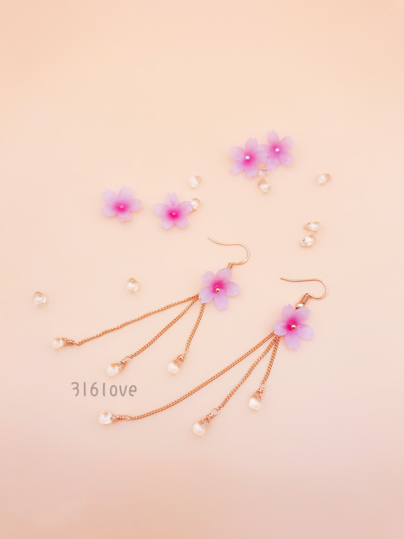 【新作 注文製作】桜 ゆらゆら ロングチェーン 雫 ピアス イヤリング UV レジン アレルギー対応 プラバン 3枚目の画像