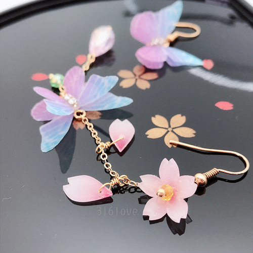 蝶々 桜 アシンメトリーピアス イヤリング UVレジン アレルギー対応 