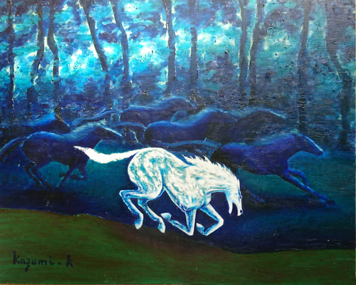 絵画　馬　油彩画 肉筆油彩画「疾走する九頭馬」 M10号 今回限定10 ー 三宝堂