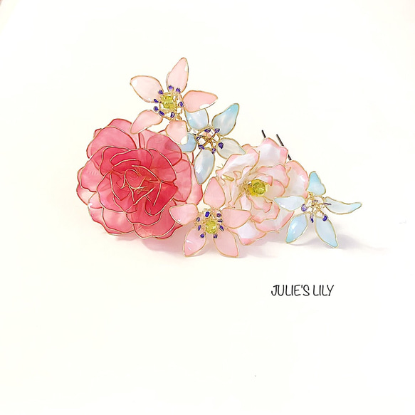 ローズピンクバラとトルコキキョウヘッドドレス Uピン6本セット 1枚目の画像
