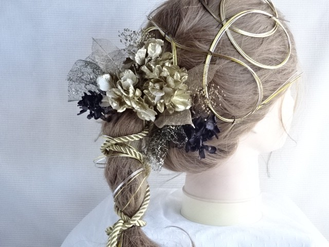 N10　和装　結婚式　卒業式　ウェディング　前撮り　水引　　紐アレンジ　ドライフラワー　ゴールド　黒　ブラック