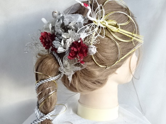 紫陽花&かすみ草の髪飾り♥️パールグレー 祝い鶴 シルバーの紫陽花の