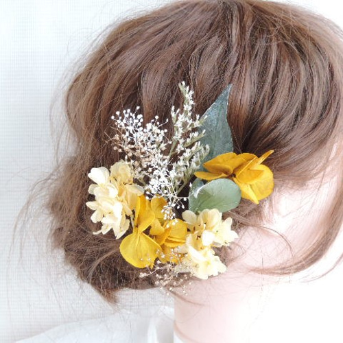 D3 からし色との黄色の髪飾り ドライフラワー ショート ボブ
