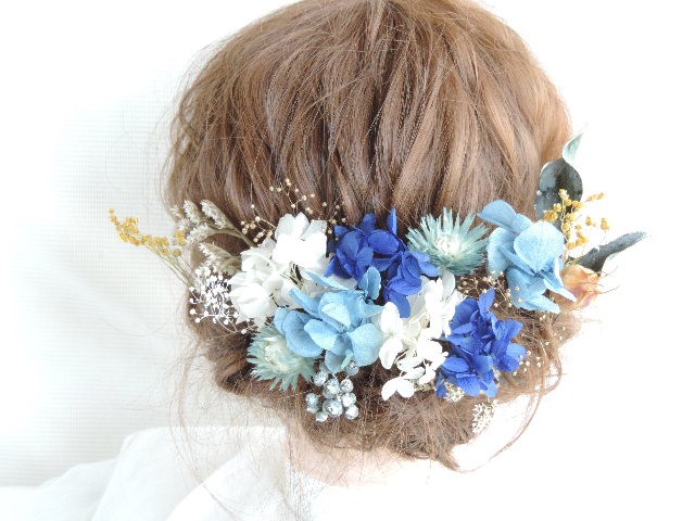 結婚式　大人ナチュラル　ウェディングヘッドドレス　青と黄色　ドライフラワー　プリザーブドフラワー 5,032円