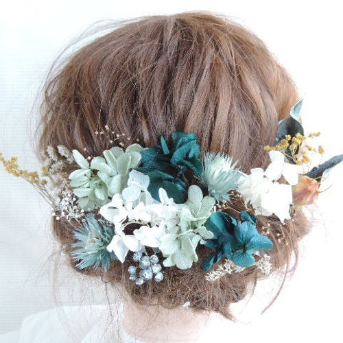 C1 緑 青 白 ドライフラワー 成人式髪飾り 結婚式 卒業式 ヘッド C1 緑 青 白 ドライフラワー 成人式髪飾り 結婚式 卒業式 ヘッド