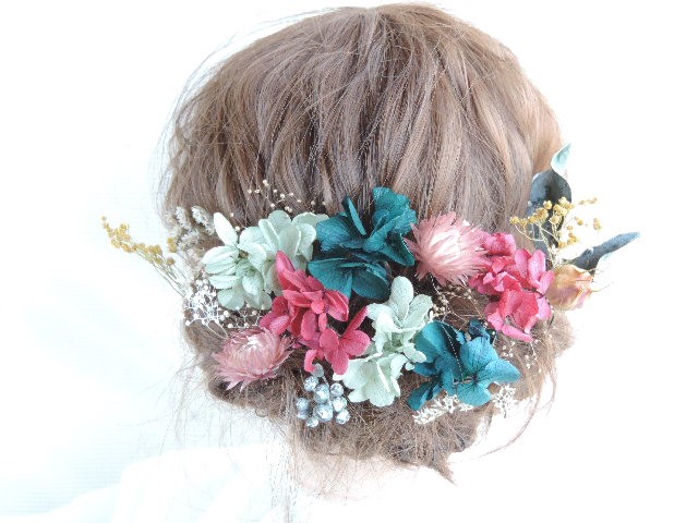 結婚式　卒業式　成人式　髪飾り 　青緑とモーブピンク　ドライフラワー　ターコイズカラー　くすみピンク　くすみグリーン