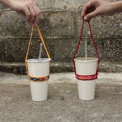 miholol 帶著走 - 編織環保杯帶 | 飲料杯帶 | 杯套 | 黃黑菱形紋 第4張的照片