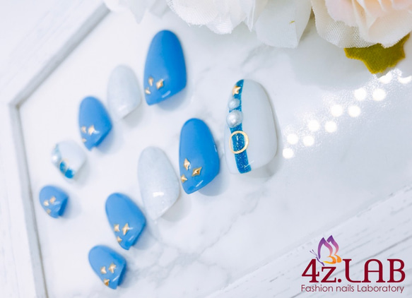 4z.LAB*爽やか夏ネイル*スカイブルー×ホワイトシルバーラメ*002 ネイル