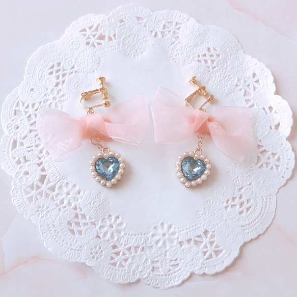 ꙳✧ం ♡♡ パール ハート キラキラ プリンセスのチュールリボン ドレス ピアス イヤリング ♡♡ ః◌꙳✧ 2枚目の画像