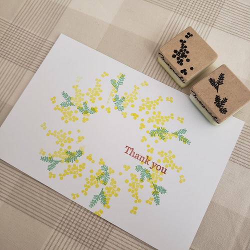 消しゴムはんこNo.379 ちびくまとミモザ ミモザの重ね押し❁消しゴム