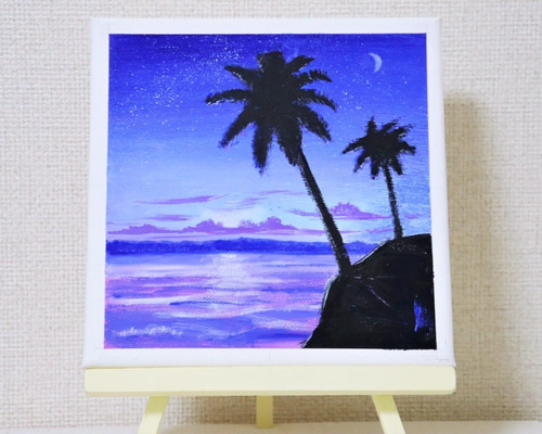 原画☆ハワイ朝陽☆アクリル画・キャンバス パープル ココナッツ