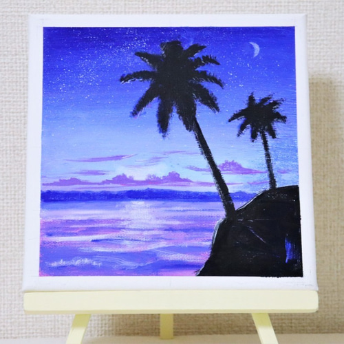 2024特集 原画☆ハワイ朝陽☆アクリル画・キャンバス パープル ココナッツ 絵画