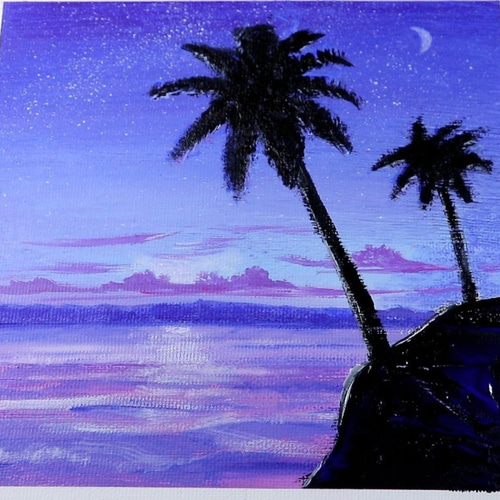 原画☆ハワイ朝陽☆アクリル画・キャンバス パープル ココナッツ