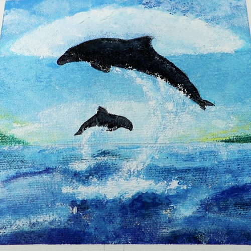 原画☆イルカと雲☆アクリル画・キャンバス ハワイ オーシャン