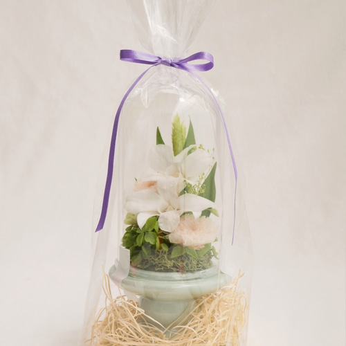 仏花ガラスドーム中対ことね菊 仏花」ことね菊のガラスドーム プリザーブドフラワー＜受注制作