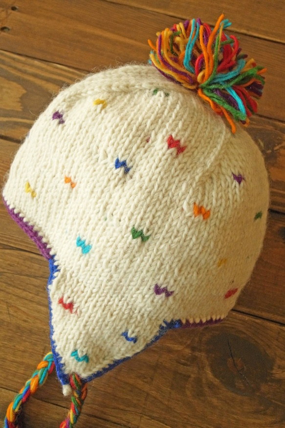 ears_colorドットを覆うウールの手編みウールの帽子 2枚目の画像