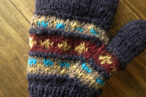 羊毛 手工編織 手套 經典 深藍 第2張的照片