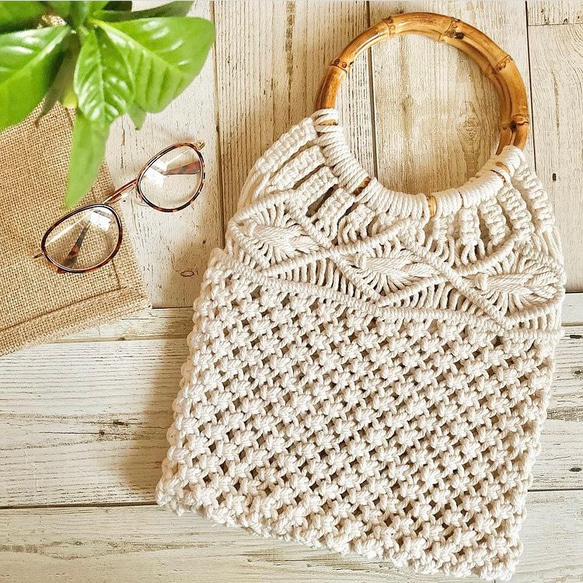 バンブーハンドルマクラメバッグ✴︎bamboo leaves ハンドバッグ Po 