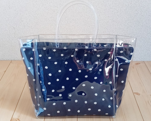 雨の日の水玉 ビニールトートバッグ 大きめポーチ サブバッグ