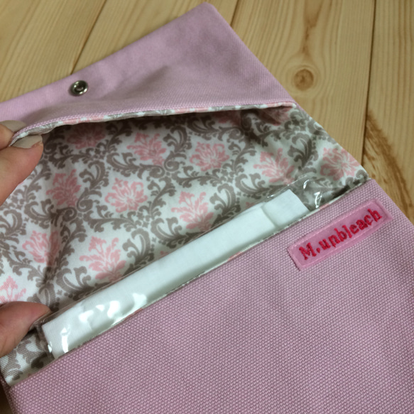 マスクケース　万能アイテム　便利に2か所　ピンク帆布✖ダマスク柄  （ピンク・山吹色）　　m-74 5枚目の画像
