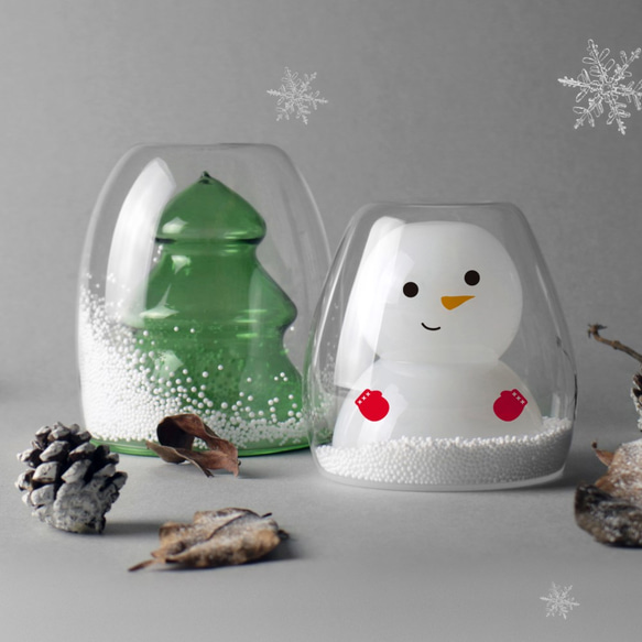 スペシャル早期割♡デザインダブルウォールグラス　クリスマス「ツリーと雪だるま」 1枚目の画像