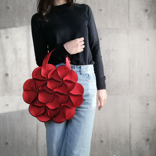 幾何学的なお花の丸いハンドバッグ/6547RED ショルダーバッグ