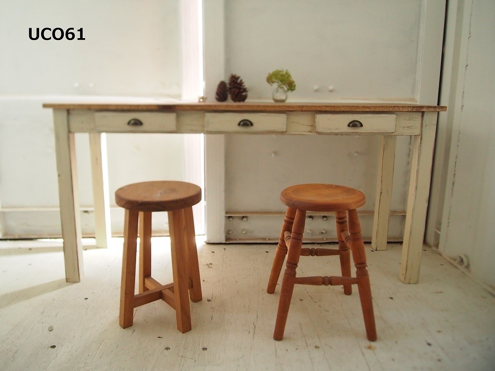 長机【3ドロワー】1500（ホワイト＆ダーク・シャビー加工）アンティーク風・天然無垢材・デスク