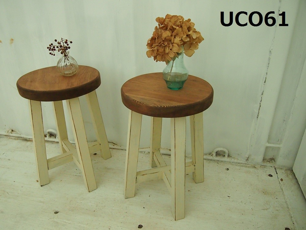 丸いスツール【２脚セット】（ダーク×ホワイト・アンティーク塗装）