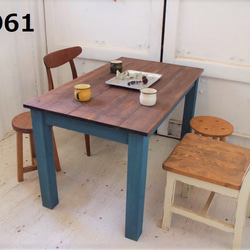 ダイニングテーブル【1500×700】（ツートン・チーク×ブルー）アンティーク風・天然無垢材・青 2枚目の画像