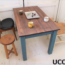 ダイニングテーブル【1700×700】（ツートン・チーク×ブルー）アンティーク風・天然無垢材 2枚目の画像