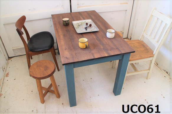 ダイニングテーブル【1700×700】（ツートン・チーク×ブルー）アンティーク風・天然無垢材 2枚目の画像