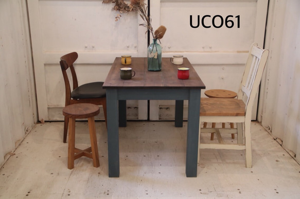 ダイニングテーブル【1200×700】（ツートン・チーク×ブルー) アンティーク風・天然無垢材・カフェ 1枚目の画像