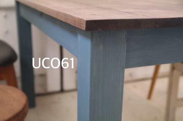ダイニングテーブル【1200×700】（ツートン・チーク×ブルー) アンティーク風・天然無垢材・カフェ 2枚目の画像