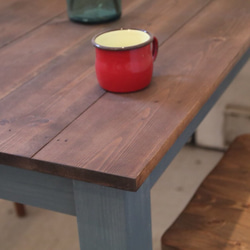 ダイニングテーブル【1200×700】（ツートン・チーク×ブルー) アンティーク風・天然無垢材・カフェ 3枚目の画像