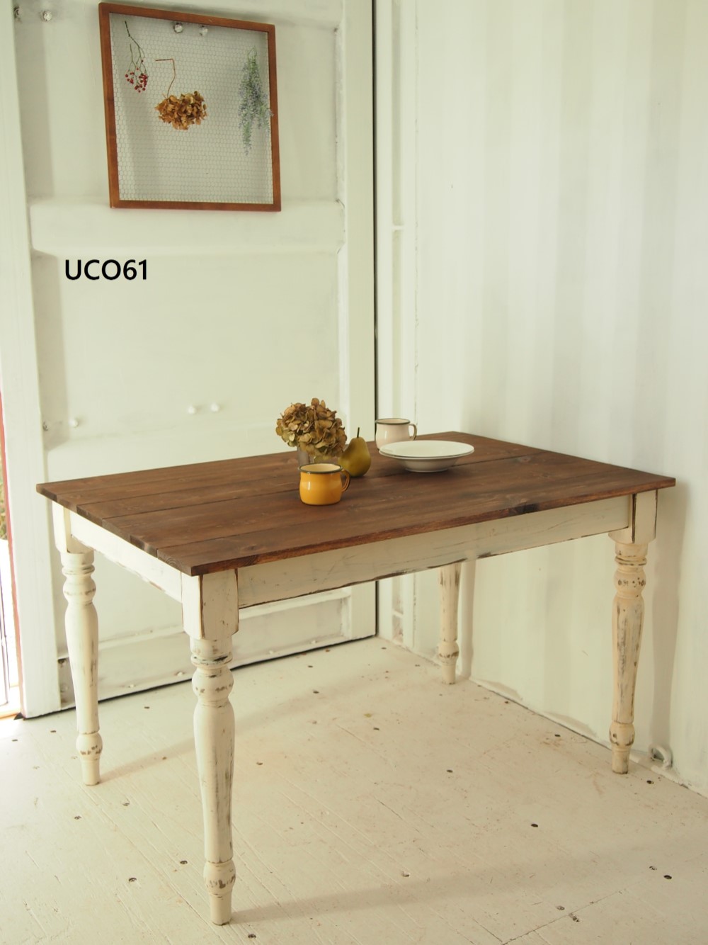 ろくろ脚 ダイニングテーブル　【1200×800】（チーク×ホワイト　シャビー加工）アンティーク風・天然無垢材