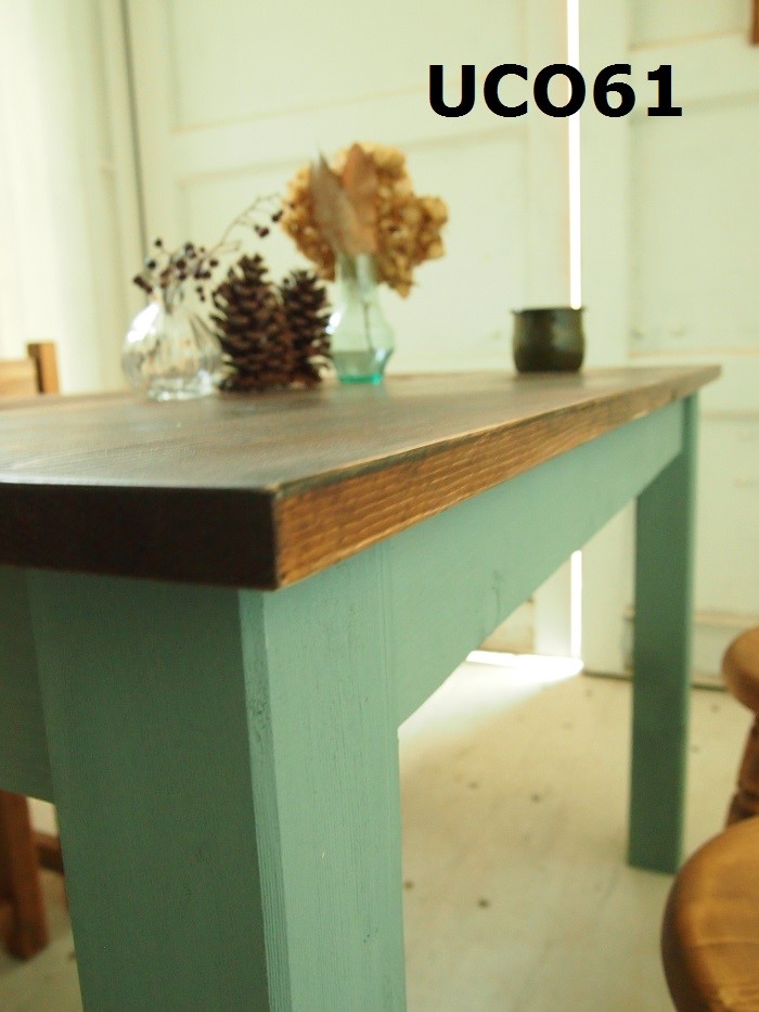 ダイニングテーブル【800×800】（ツートン・チーク×グリーン）アンティーク風・天然無垢材