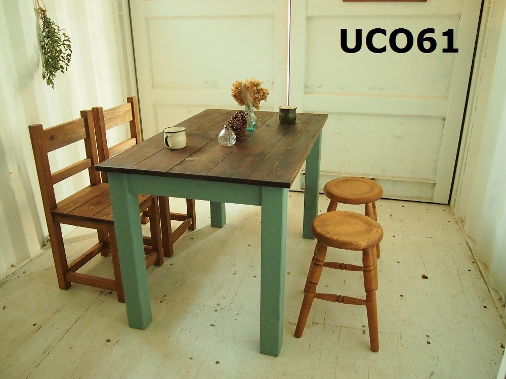 ダイニングテーブル【1200×700】（ツートン・チーク×グリーン）アンティーク風・天然無垢材