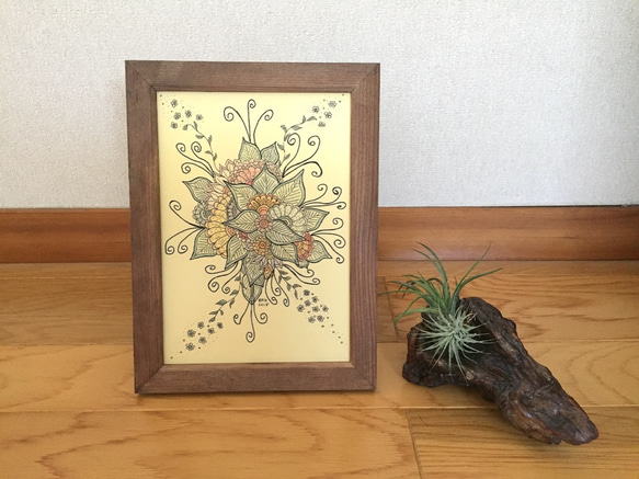 手描き絵 花ブケー （色付き） ゼンタングル風 イラスト DnR