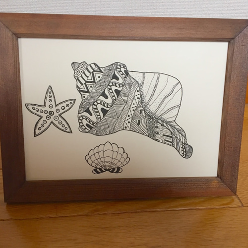 雑誌で紹介された ゼンタングル風 貝殻 手描き絵 インテリア Originals DnR 絵画 絵画