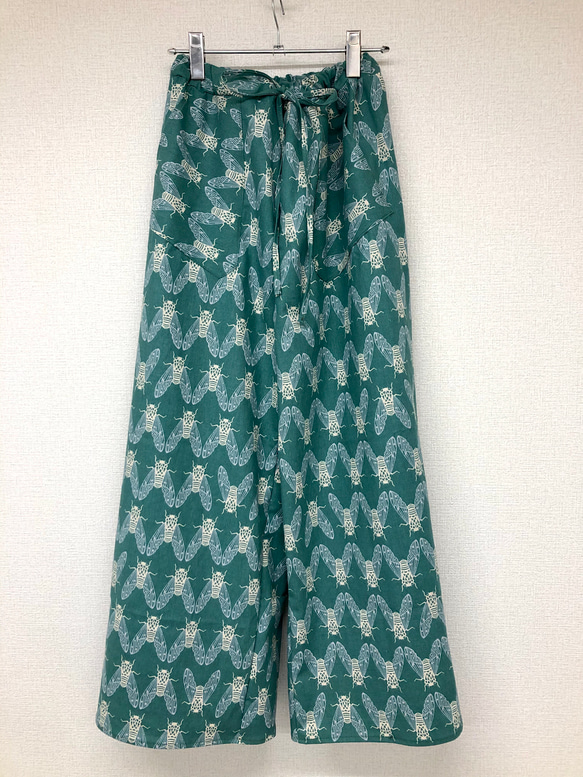 セミ柄 USAコットンリネン ワイドパンツ/グリーン キュロット