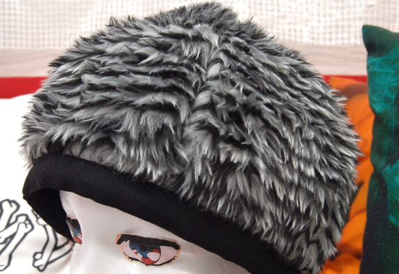 ボーダーフェイクファーベレー帽:ダークグレー 6枚目の画像