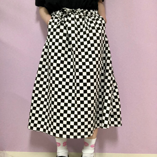 チェッカーフラッグ フレアロングスカート/市松模様 ロング