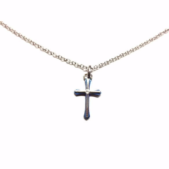 【刻印可能】サージカルステンレス製クロス十字架×czダイヤモンドネックレス/ブルー×シルバー 3枚目の画像