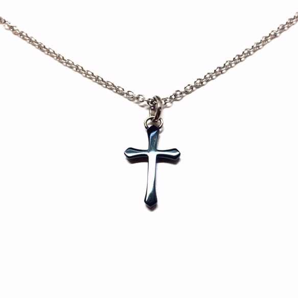 【刻印可能】サージカルステンレス製クロス十字架×czダイヤモンドネックレス/ブルー×シルバー 4枚目の画像