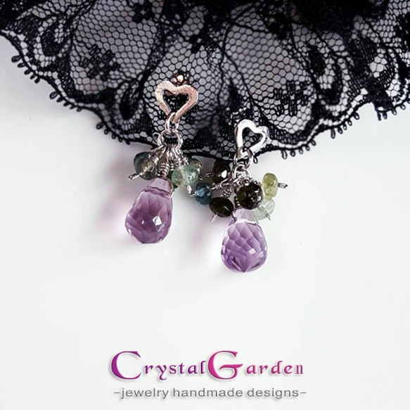 [Crystal Garden]トルマリン‧アメジスト925シルバーホワイトKデザインピアス 2枚目の画像